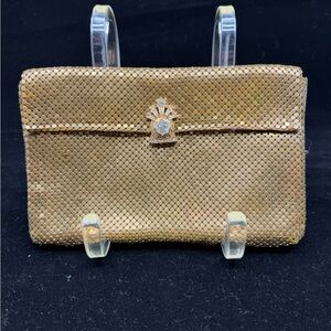 Whiting & Davis Gold Metal Mesh Wristlet Clutch with Jewel Accent